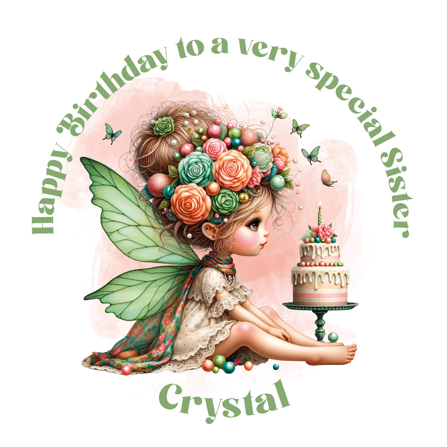 Fairy with flowers and cake, birthday card for a special sister named Crystal