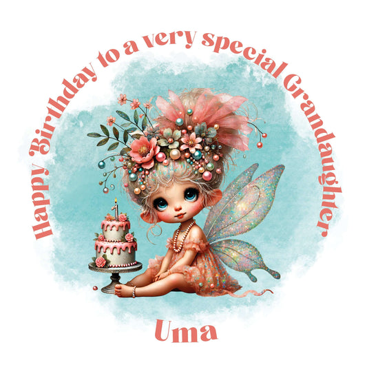 Fairy character with floral headpiece and birthday cake, surrounded by 'Happy Birthday to a very special granddaughter' text on a light green background.