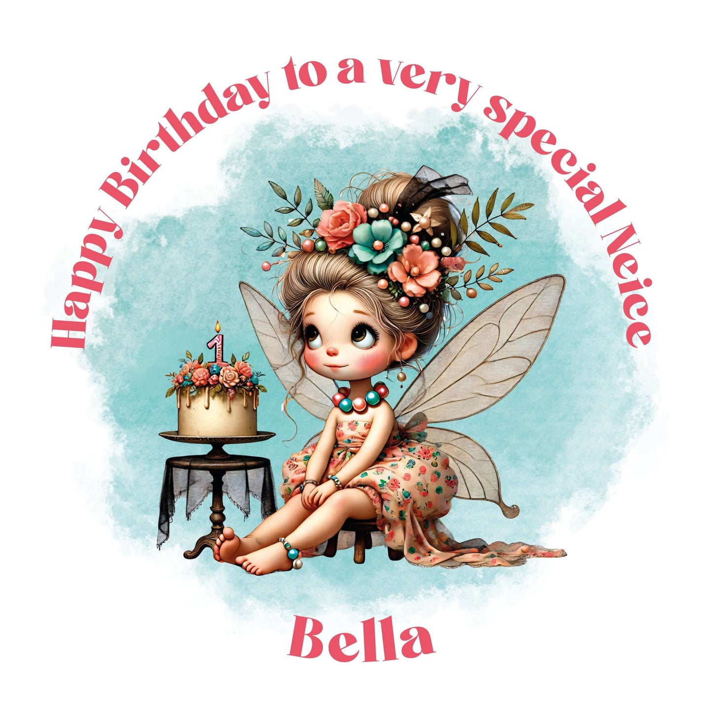 Fairy character with floral crown and birthday cake on a light green background, celebrating a special niece's first birthday.