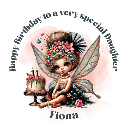 Fairy character with birthday cake and 'Happy Birthday to a very special daughter' text on a pink background