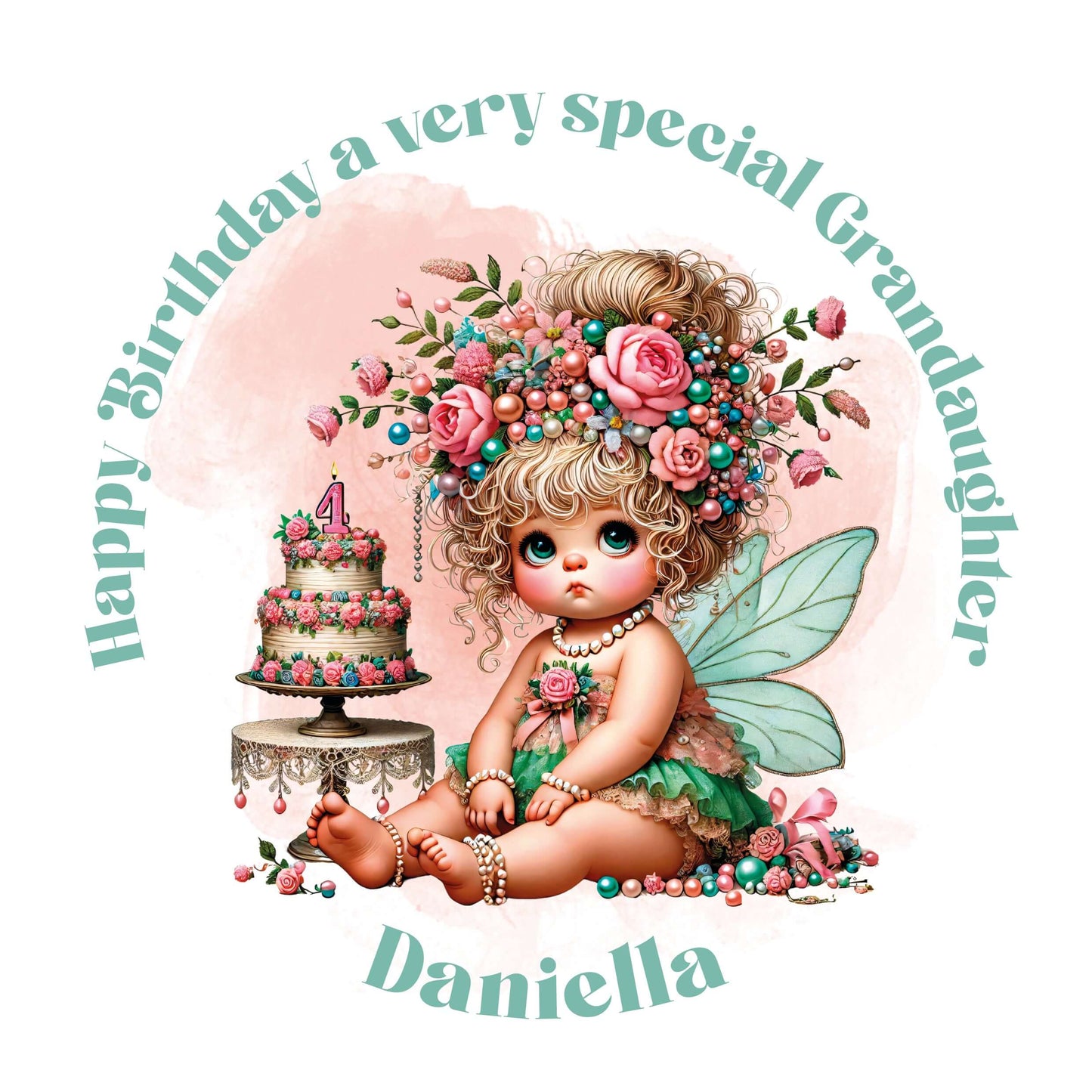 Illustration of a fairy-like character with flowers and a cake, celebrating a special birthday.