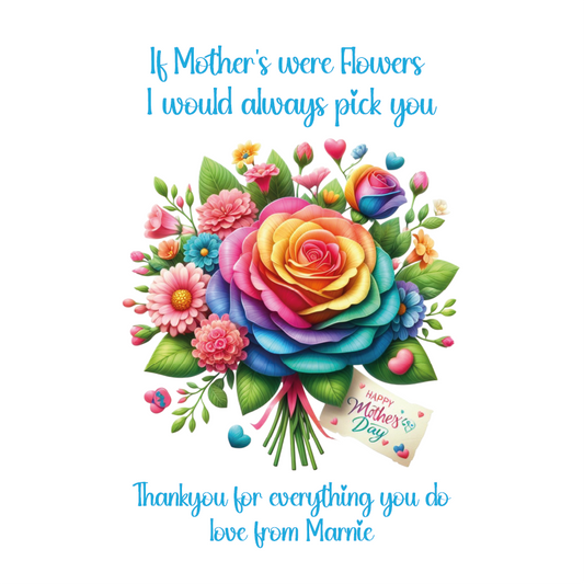A Mothers Day Card containing a bouquet of beautiful bright multicoloured flowers with Mothers day wishes text. Can be personalised with name of child/children and for any maternal relationship