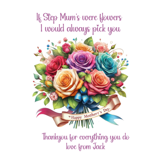 A Mothers Day Card containing a bouquet of beautiful bright multicoloured flowers with Mothers day wishes text. Can be personalised with name of child/children and for any maternal relationship