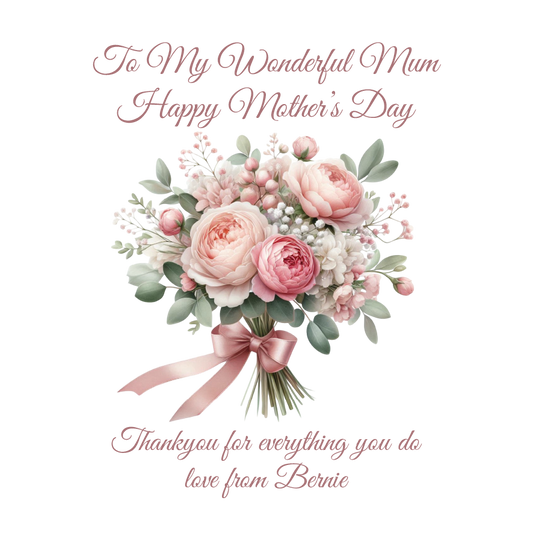 A Mothers Day Card containing a bouquet of beautiful Pink Flowers with Mothers day wishes text. Can be personalised with name of child/children and for any maternal relationship