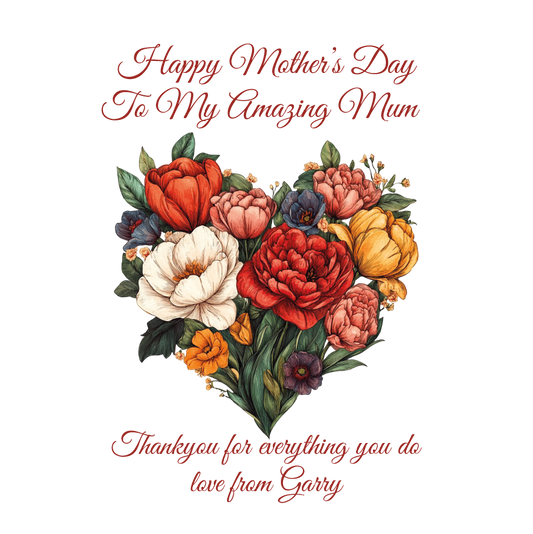 A Mothers Day Card containing a bouquet of beautiful multicoloured flowers with Mothers day wishes text. Can be personalised with name of child/children and for any maternal relationship