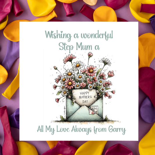 A Mother's day Card featuring an illustrated mint green open envelope containing flowers and a mother's day message. Can be personalised with child/children's names and for any maternal relationship