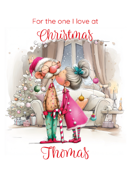 A couple in festive attire with Christmas decorations and text 'For the one I love at Christmas Thomas' on a white background.