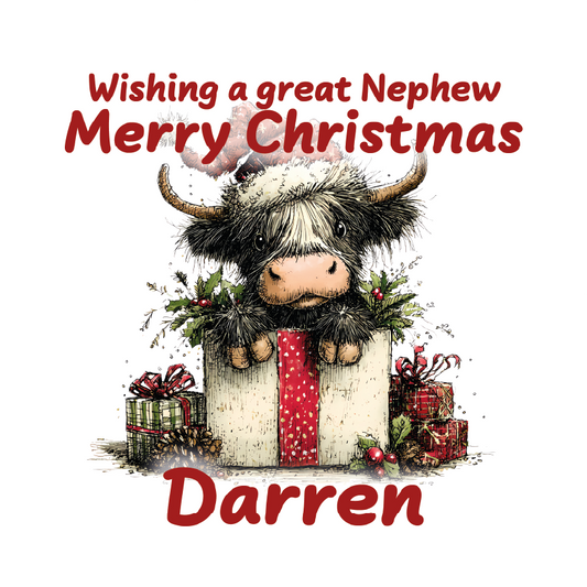 Cartoon cow with Christmas presents and text wishing a great nephew Merry Christmas to Darren.