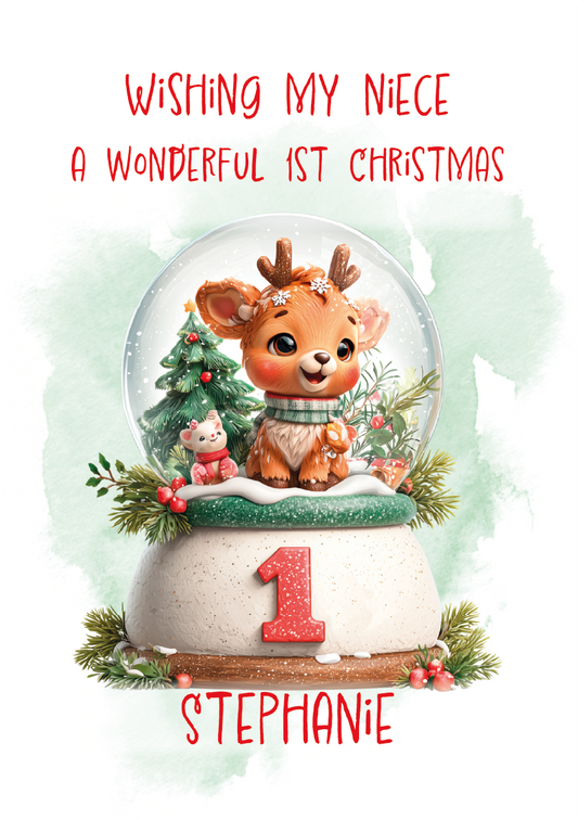 Christmas-themed snow globe with a reindeer and piglet, featuring text 'Wishing my niece a wonderful 1st Christmas' and 'Stephanie'.