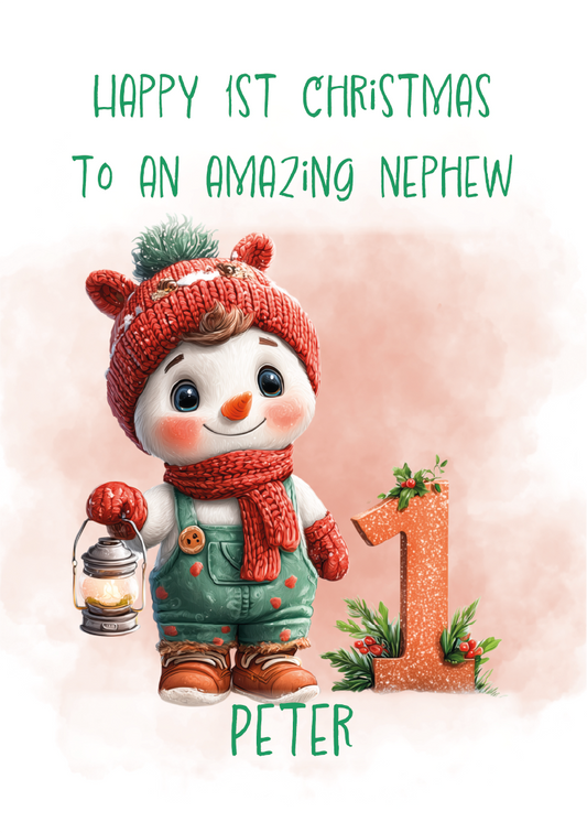 Snowman with a red hat and scarf, holding a lantern, on a light pink background with text 'Happy 1st Christmas to an amazing nephew Peter'.