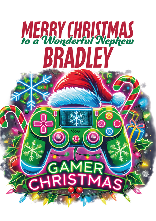 Colorful Christmas card with a gaming controller design and text for a nephew named Bradley.