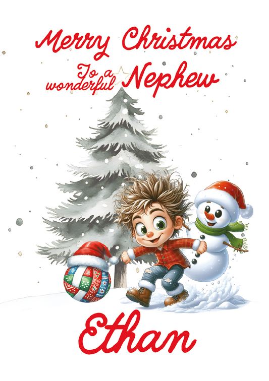 Christmas card with a boy and snowman playing near a tree in the snow, featuring the text 'Merry Christmas to a wonderful nephew Ethan