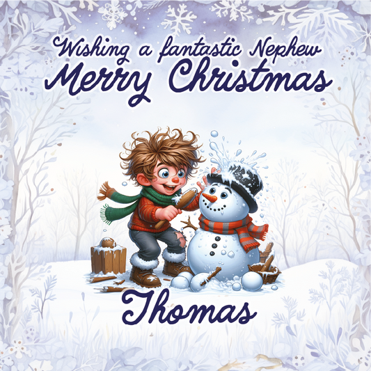Christmas card with a boy and snowman in a snowy landscape, wishing a fantastic nephew Merry Christmas to Thomas.