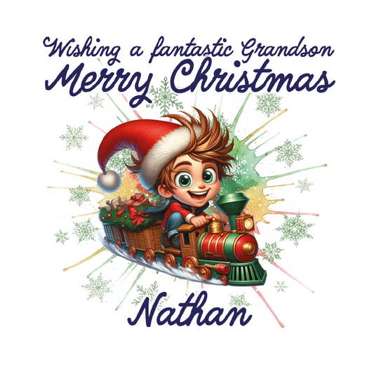 Christmas card with a child in a Santa hat driving a toy train, surrounded by snowflakes and text.