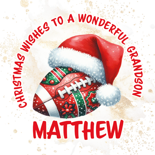 Christmas-themed card with a Santa hat and an American football, wishing a wonderful grandson named Matthew.