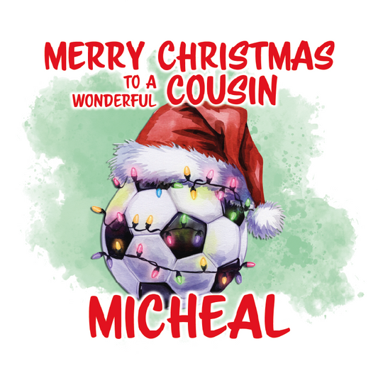 Christmas card with image of a football wrapped in Christmas lights wearing a Christmas hat