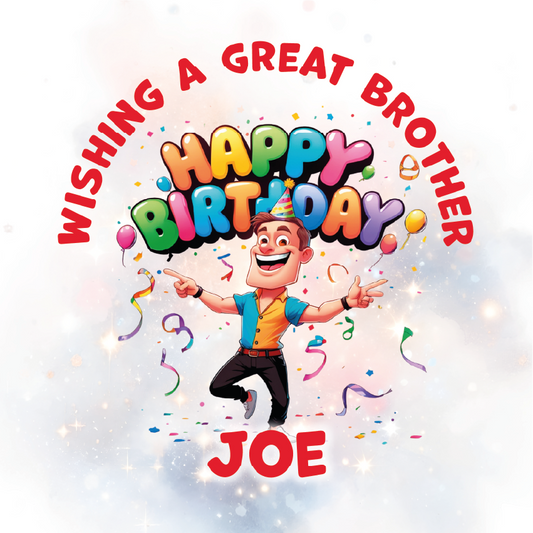 Happy Birthday card for a brother with colorful text and a cartoon character on a light background.