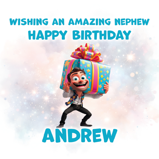 Cartoon character holding a large gift with text wishing an amazing nephew a happy birthday, personalized for Andrew.