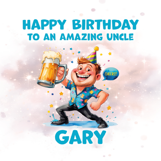 Birthday card with a cartoon character holding a beer mug, text 'Happy Birthday to an amazing uncle Gary', and confetti on a light background.