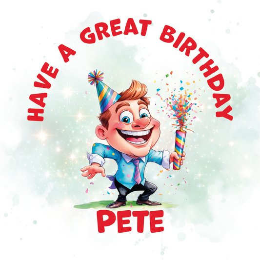 Birthday card with a cartoon character holding a party popper and the text 'Have a great birthday Pete' on a light green background.