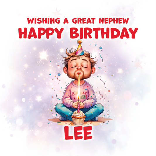Birthday card for a great nephew named Lee with a cartoon character blowing out a candle on a cupcake.