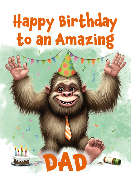 Birthday card with cartoon monkey wearing a party hat and tie, surrounded by birthday elements on a light green background.
