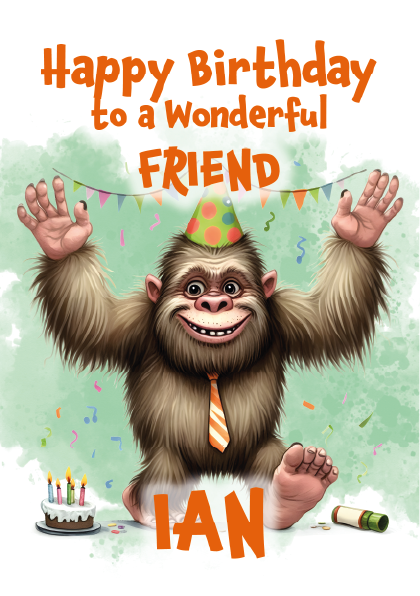 Birthday card with cartoon monkey wearing a party hat and cake, text 'Happy Birthday to a Wonderful Friend Ian' on a light green background.