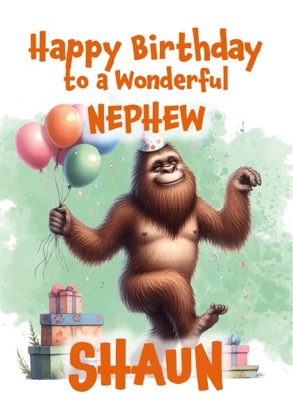 Birthday card with cartoon orangutan holding balloons and presents, text 'Happy Birthday to a Wonderful Nephew Shaun' on a light green background.