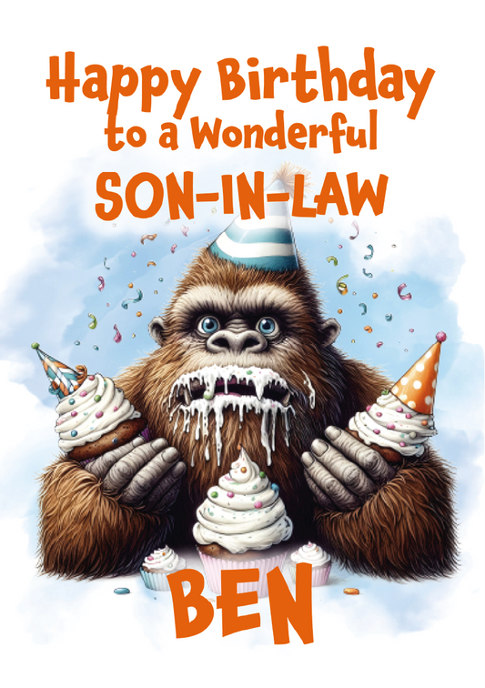 Birthday card with a cartoon gorilla holding cupcakes and text 'Happy Birthday to a wonderful son-in-law Ben' on a light blue background.