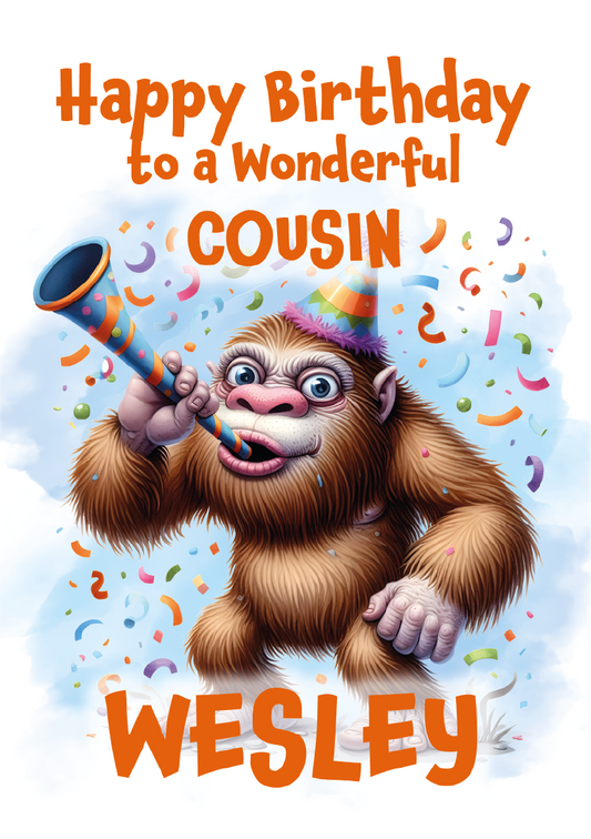 Birthday card with cartoon orangutan blowing a horn, surrounded by confetti, and text 'Happy Birthday to a wonderful cousin Wesley' on a light blue background.