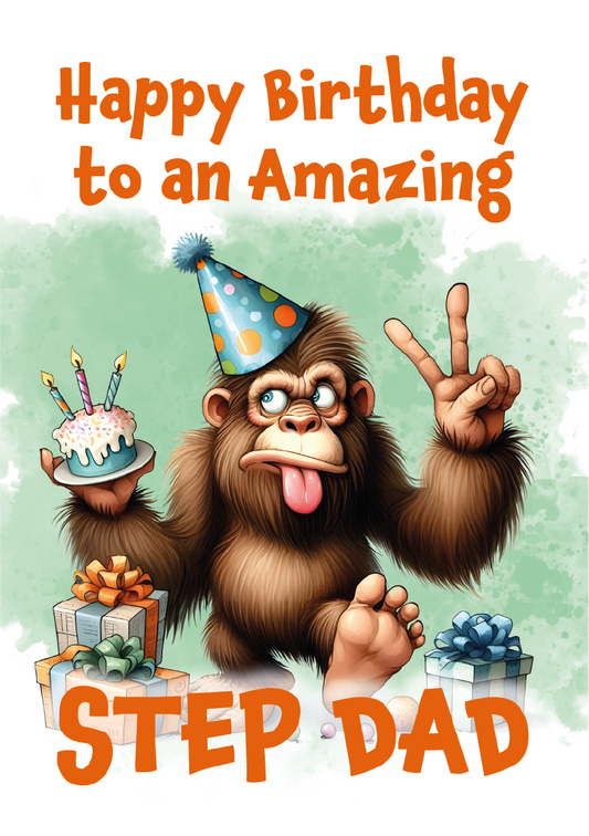 Birthday card with cartoon monkey holding a cake and presents, text 'Happy Birthday to an Amazing Step Dad' on a light green background.