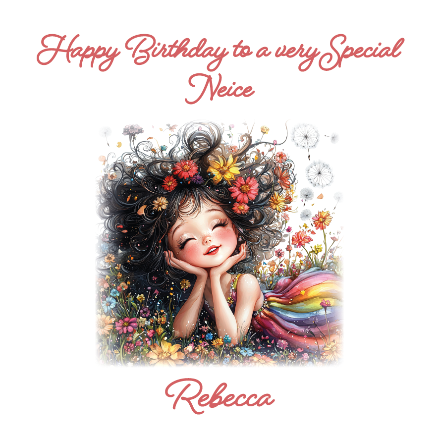 Illustration of a girl with flowers in her hair and text 'Happy Birthday to a very special niece Rebecca' on a white . background. Personalised with name and relation.