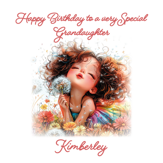 Illustration of a young girl with flowers and dandelions, with 'Happy Birthday to a very Special Granddaughter' text. Personalised with name and relation.