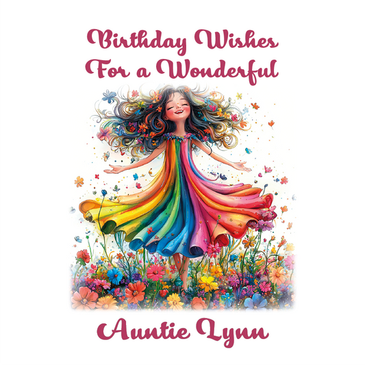 Colorful illustration of a girl in a rainbow dress with flowers and butterflies, featuring 'Birthday Wishes For a Wonderful Auntie Lynn'. Personalised with name and relation.