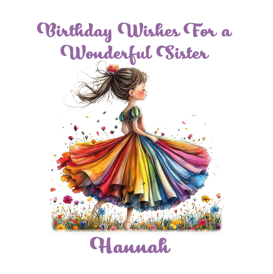 Illustration of a girl in a colorful dress with 'Birthday Wishes For a Wonderful Sister' text and 'Hannah' name. Personalised with name and relation.