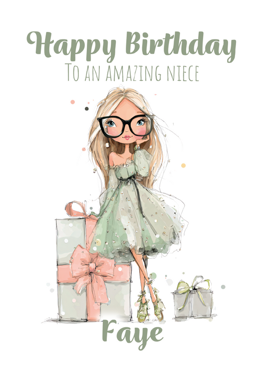 Birthday card with a cartoon character holding gifts and text 'Happy Birthday to an amazing niece Faye' on a white background.