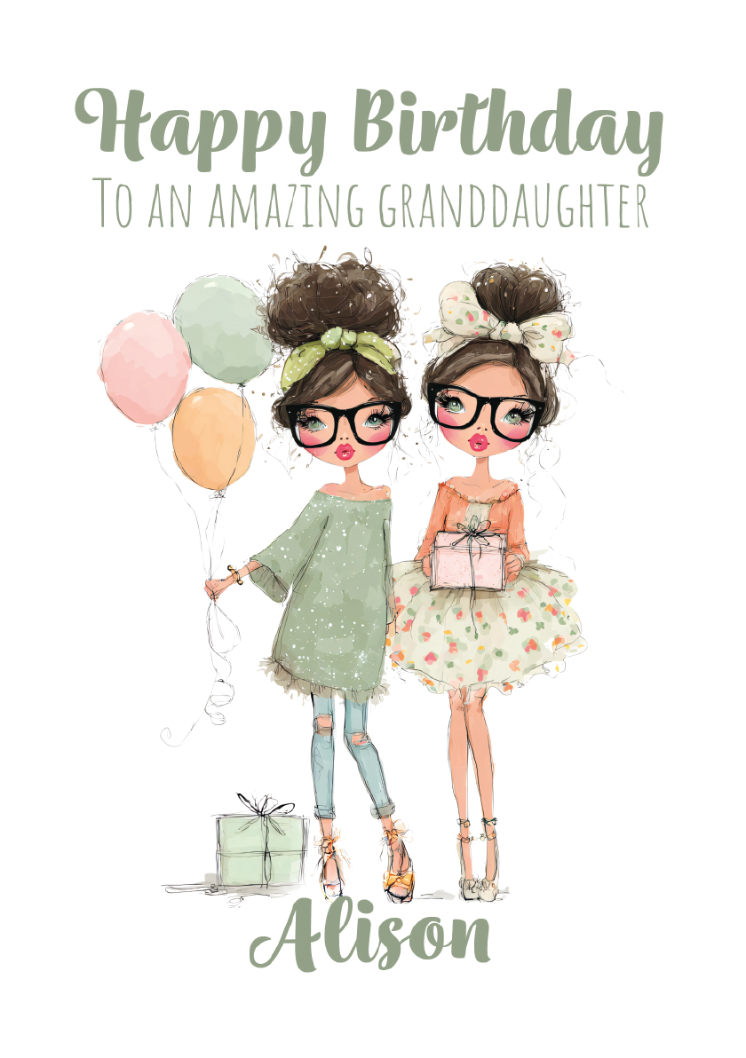 Illustration of two girls with balloons and gifts on a white background, with text 'Happy Birthday to an amazing granddaughter Alison'.