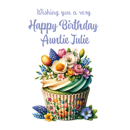 Birthday card with a floral cupcake and a happy Birthday message on a white background. Personalised for name and relation