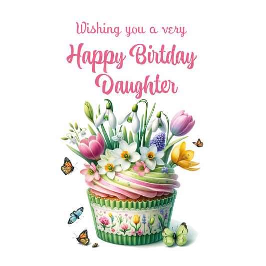 Birthday card with a floral cupcake design and text 'Wishing you a very Happy Birthday Daughter' on a white background. Personalised for name and relation