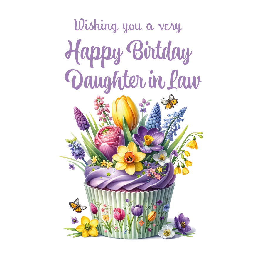 Birthday card with a floral cupcake design and text 'Wishing you a very Happy Birthday Daughter in Law' on a white background. Personalised for name and relation