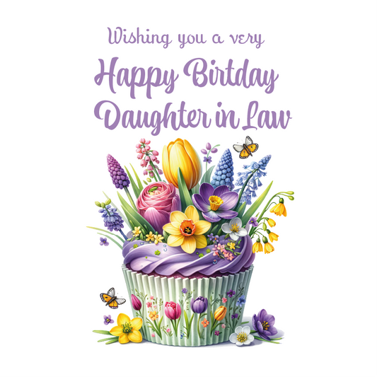 Birthday card with a floral cupcake design and text 'Wishing you a very Happy Birthday Daughter in Law' on a white background. Personalised for name and relation