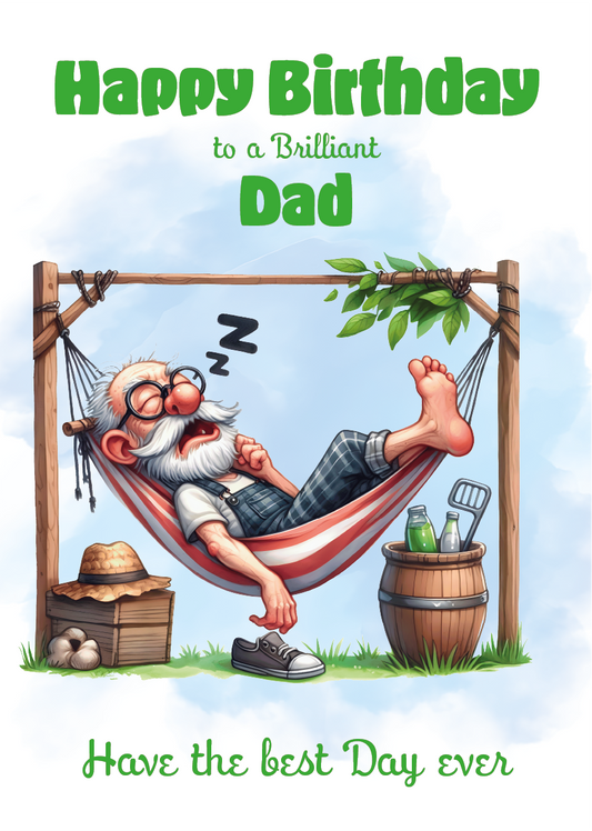Cartoon father sleeping in a hammock with birthday wishes text. Can Be personalised for any male relation or a friend