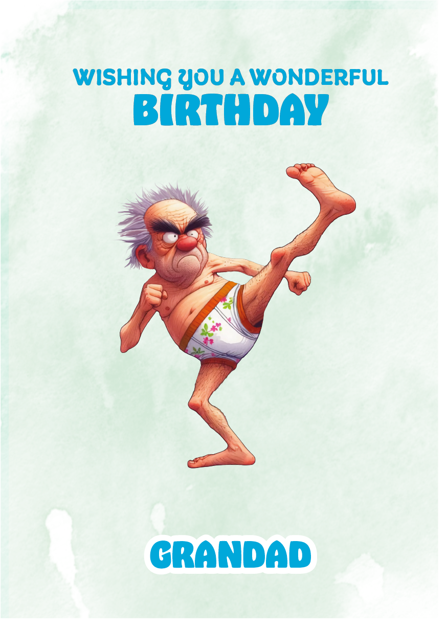 Cartoon character in a diaper kicking up legs with 'Wishing you a wonderful birthday Grandad' text on a light green background. Can Be personalised for any male relation or a friend