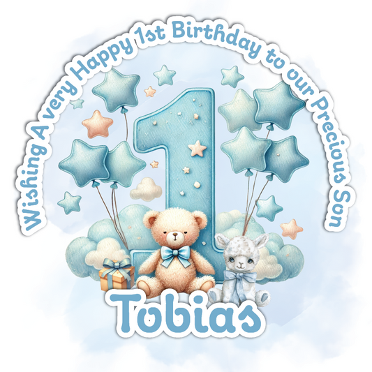 Happy 1st birthday card with teddy bear, lamb, and stars on a light blue background