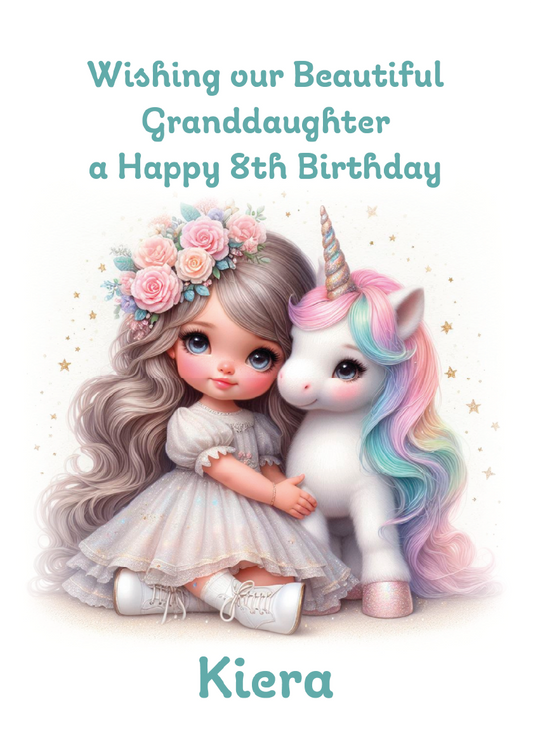 Illustration of a girl with flowers and a unicorn, wishing a happy 8th birthday to Kiera.