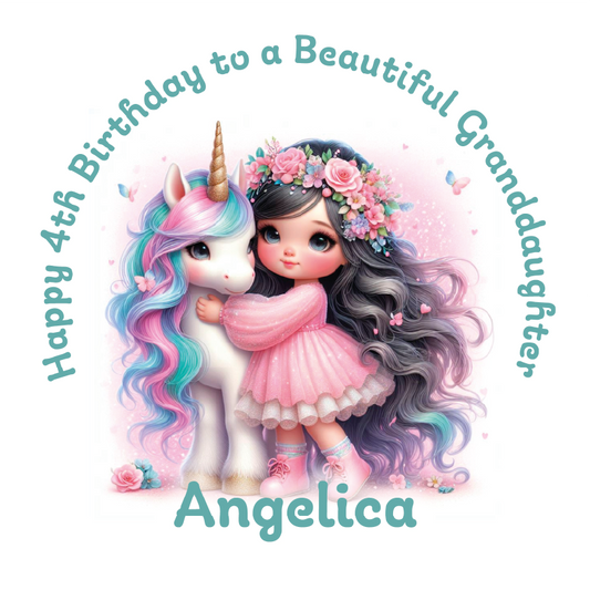 Illustration of a girl with a unicorn and floral decorations with text 'Happy 4th Birthday to a Beautiful Granddaughter, Angelica' on a white background.