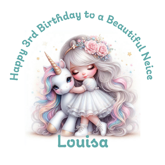 Illustration of a girl hugging a unicorn with text 'Happy 3rd Birthday to a Beautiful Niece Louisa' on a white background.