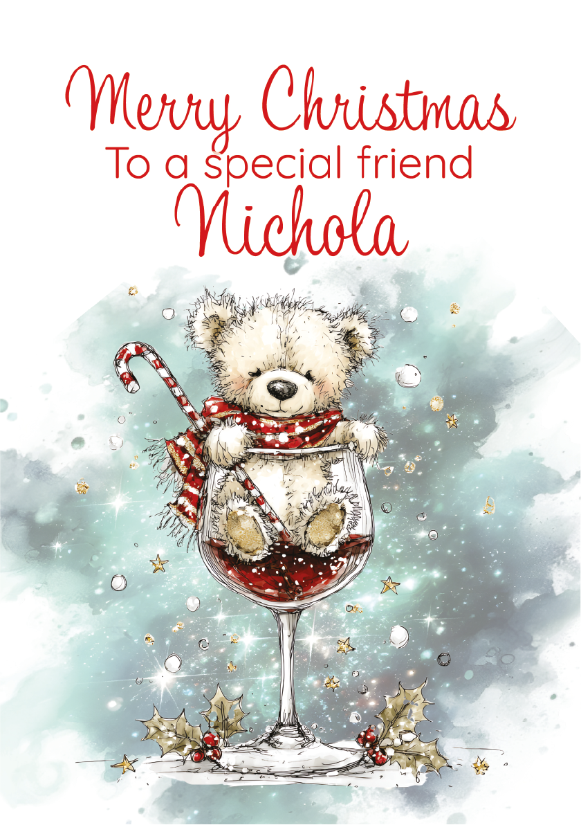 Christmas card with a teddy bear in a wine glass and personalized text on a light blue background.