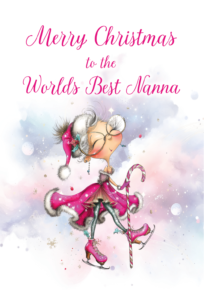 Christmas card with a cartoon character wearing a pink outfit and Santa hat, text 'Merry Christmas to the World's Best Nanna' on a snowy background.