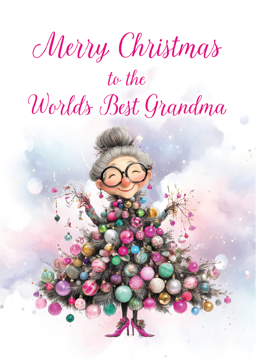 Christmas card with a cartoon grandma decorated like a Christmas tree, surrounded by ornaments on a light pink background.